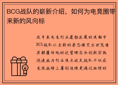 BCG战队的崭新介绍，如何为电竞圈带来新的风向标