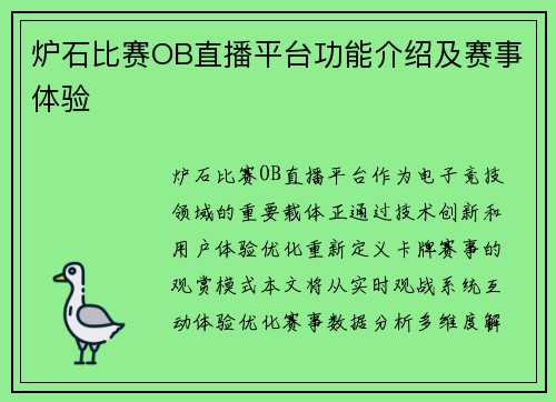 炉石比赛OB直播平台功能介绍及赛事体验