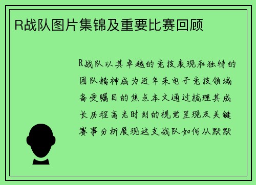 R战队图片集锦及重要比赛回顾